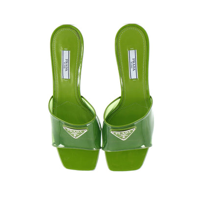 Prada Women'S Triangle Logo Kitten Heeled Sandals Pvc With Patent