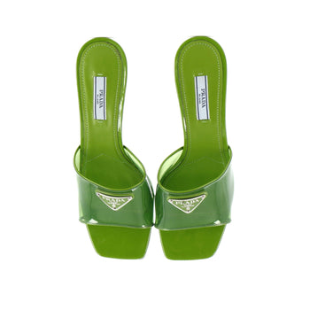 Prada Women'S Triangle Logo Kitten Heeled Sandals Pvc With Patent