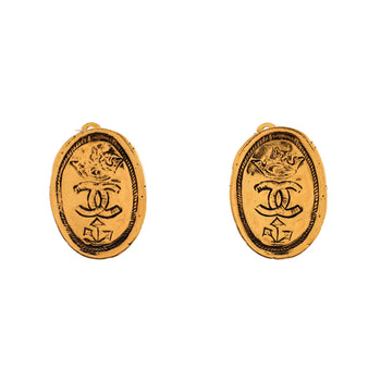Chanel Vintage Cc Crown Oval Plate Clip-On Earrings Metal
