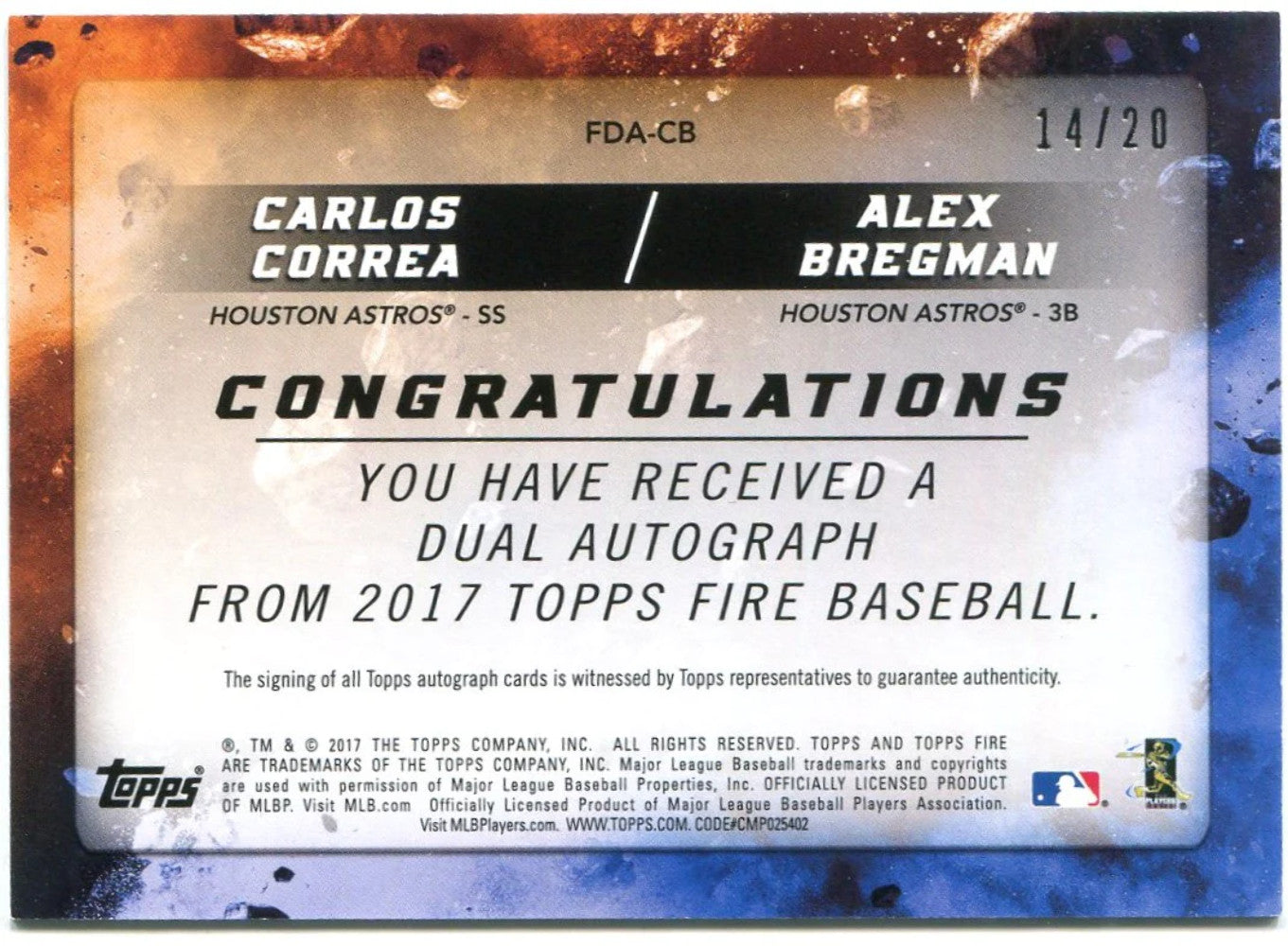 Alex Bregman Carlos Correa Topps Fire Baseball Certified Autograph Issue Duel Si