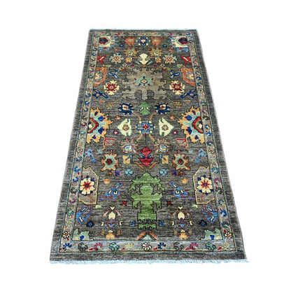 3'1"X6' Dim Gray Peshawar Heris Design Pure Wool Hand Knotted Runner Rug