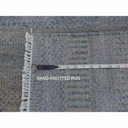 2'7"X15'5" Blue Modern Grass Design Wool And Silk Hand Knotted Runner Rug