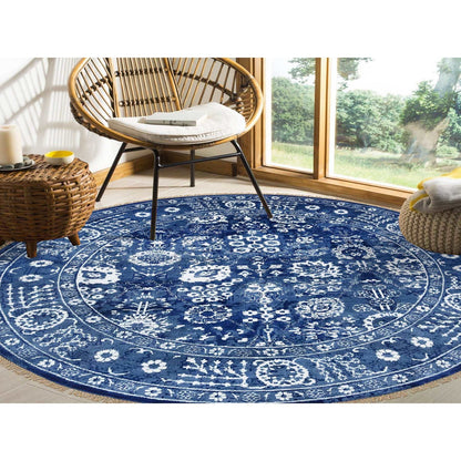 8'2"X8'2" Denim Blue Wool And Silk Hand Knotted Tebraz Round Rug