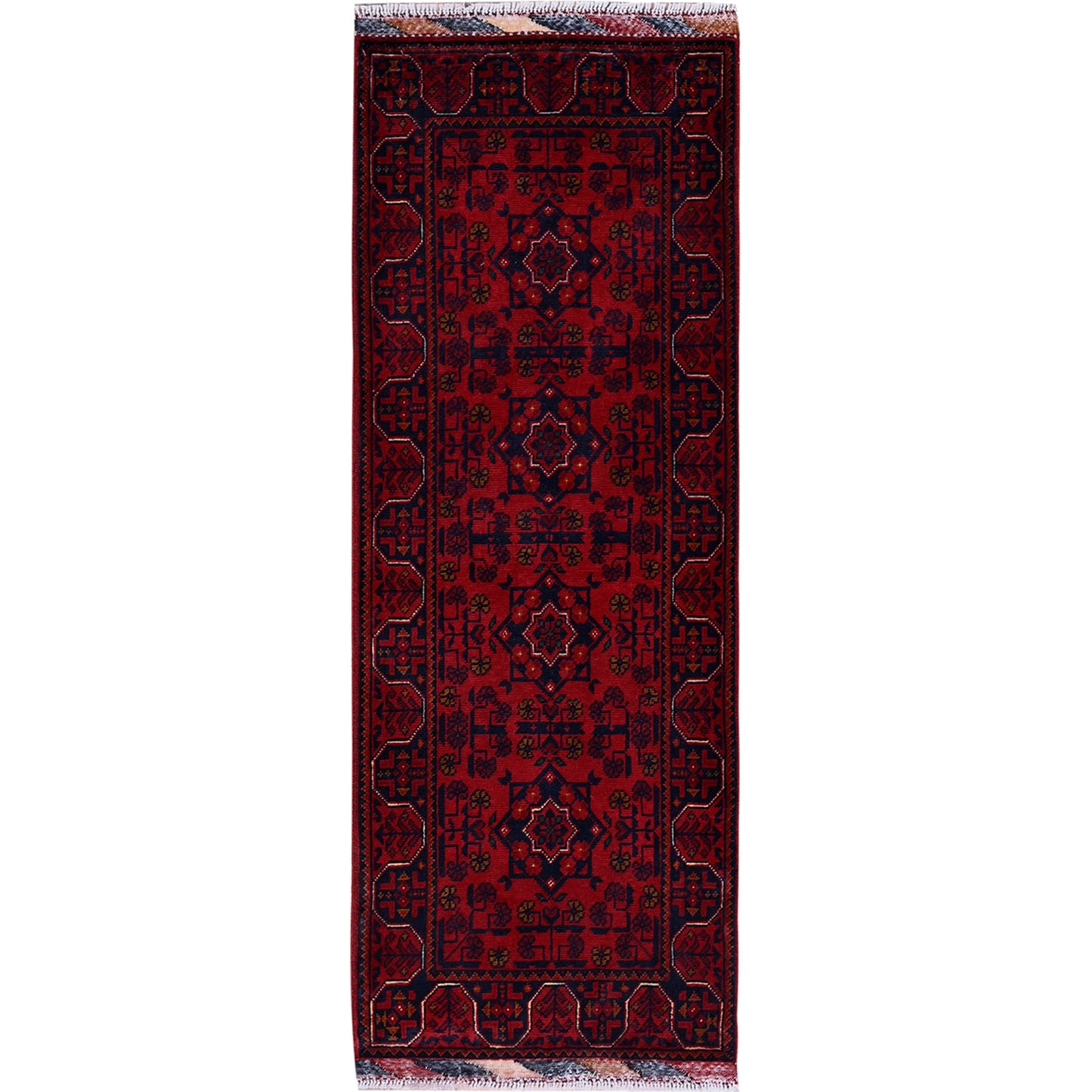 1'10"X5' Red Afghan Khamyab Geometric Pattern Hand Knotted Wool Runner Rug