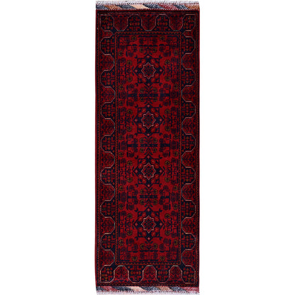 1'10"X5' Red Afghan Khamyab Geometric Pattern Hand Knotted Wool Runner Rug