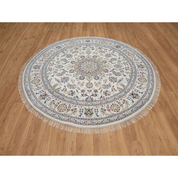 Rug 8'x8' Ivory Nain with Flower Design Hand Knotted Wool and Silk Round