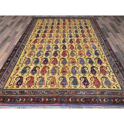 6'1"X8'10" Yellow Afghan Caucasian Design Revival Hand Knotted All Wool Rug