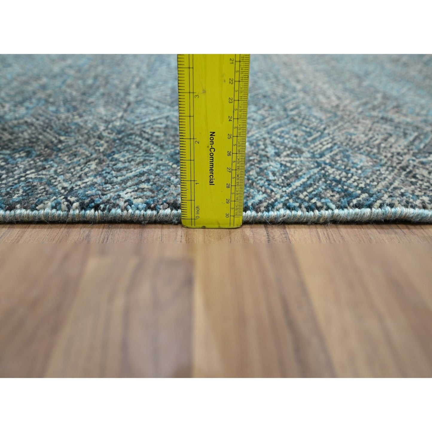 2'6"X7'8" Blue Hand Knotted Small Geometric Design Soft Wool Runner Rug