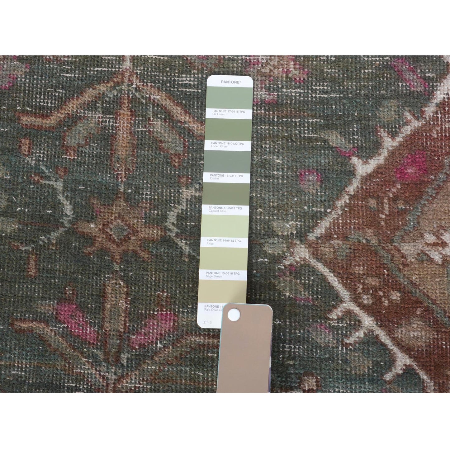 3'7"X12'3" Green Vintage And Worn Down Farsian Heris Handknotted Wool Rug
