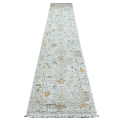 2'5"X13'9" Hand Knotted Gray Angora Ushak Organic Wool Xl Runner Rug