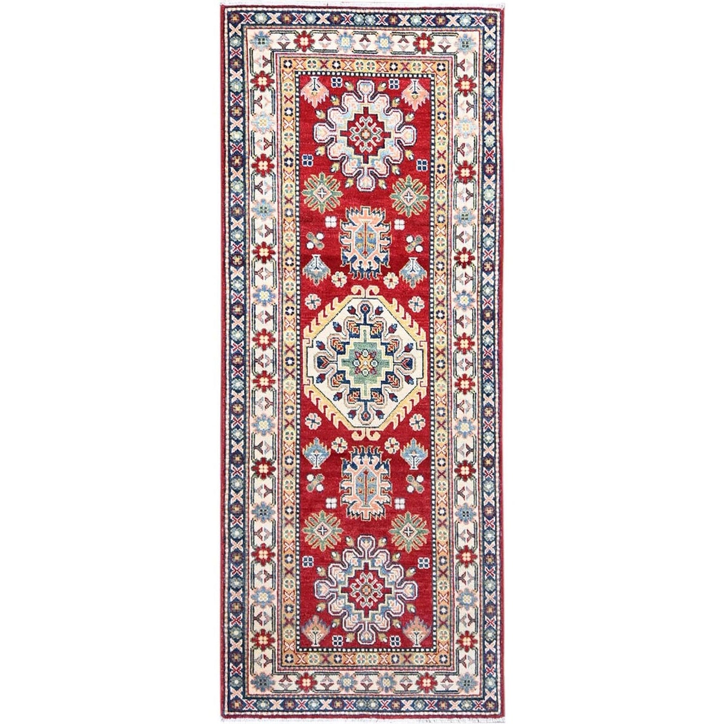 2'9"X6'10" Red Hand Knotted Wool Denser Weave Kazak Runner Oriental Rug