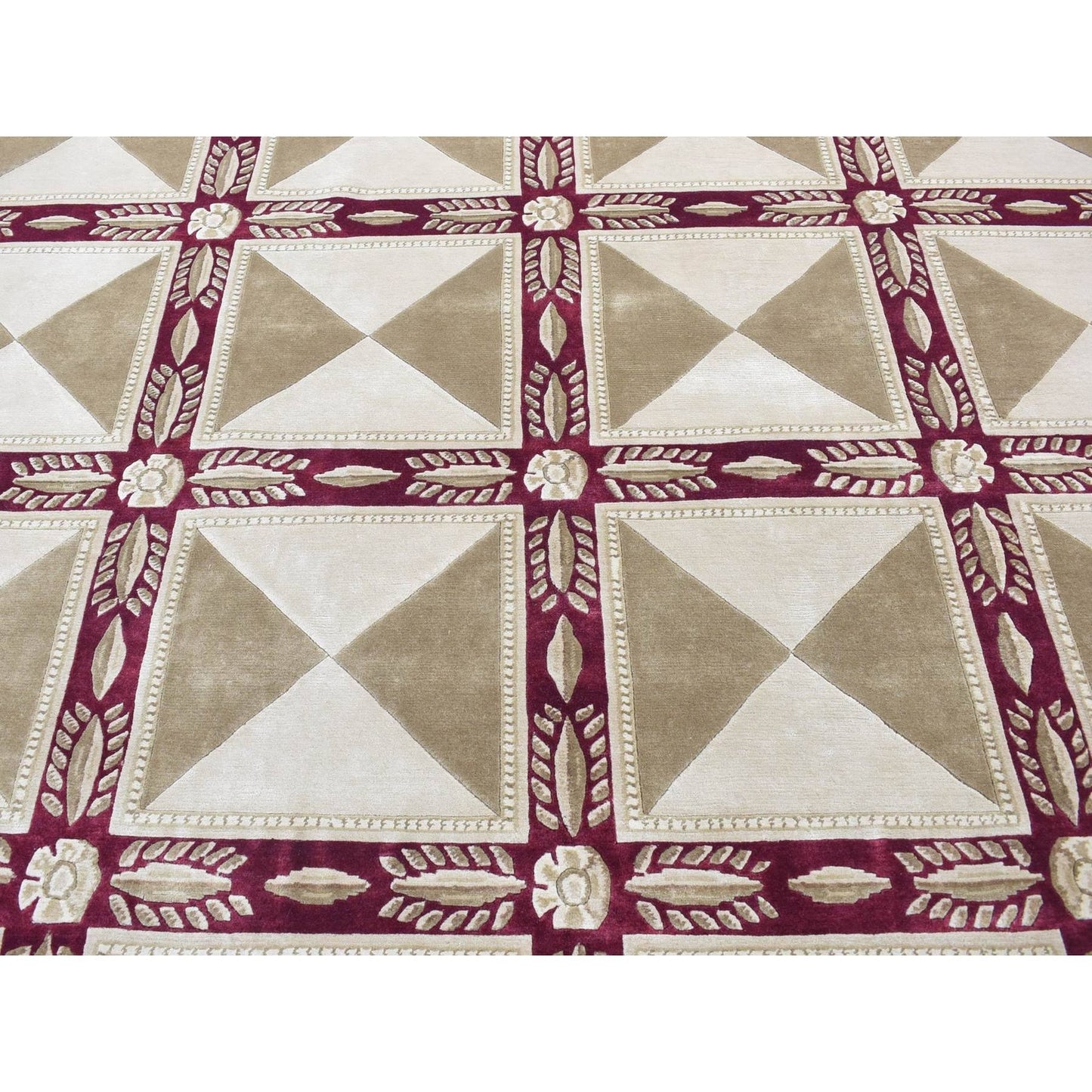 10'X13'9" Ivory Hand Knotted Modern Block Design Pure Wool Rug