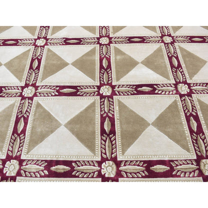 10'X13'9" Ivory Hand Knotted Modern Block Design Pure Wool Rug