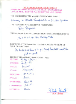 Dick Groat Autographed Hand Filled Out Survey Page