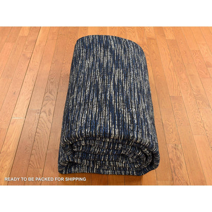 9'2"X12' Steel Blue Modern Fence Design Wool And Art Silk Hand Loomed Rug