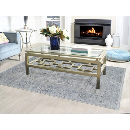 6'X9'5" Gray Pure Silk & Textured Wool Oushak Geometric Motif Rug