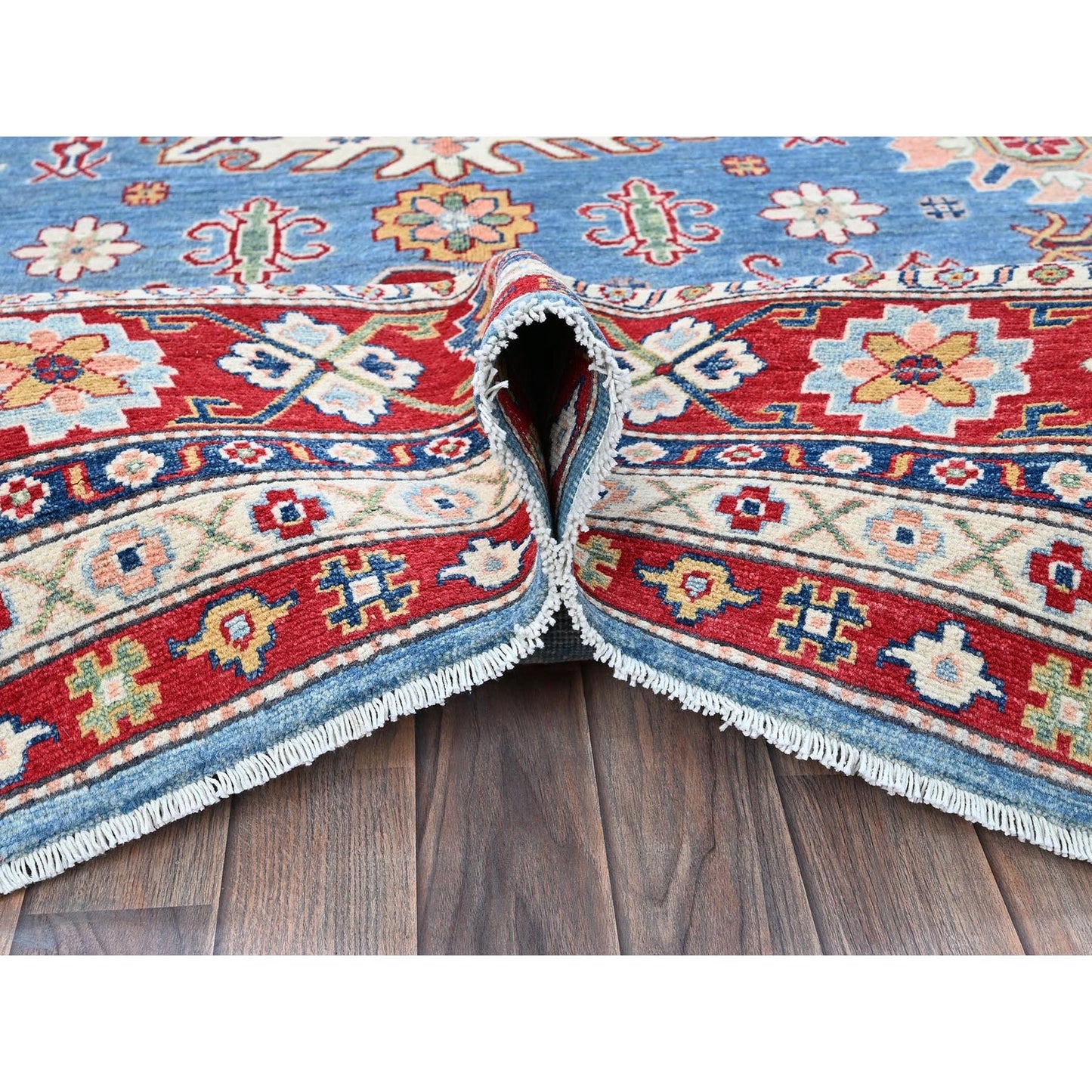 8'9"X12'1" Blue Kazak With Medallions Design Hand Knotted Soft Wool Rug