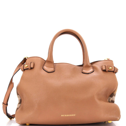 Burberry Banner Tote Leather And House Check Canvas Medium