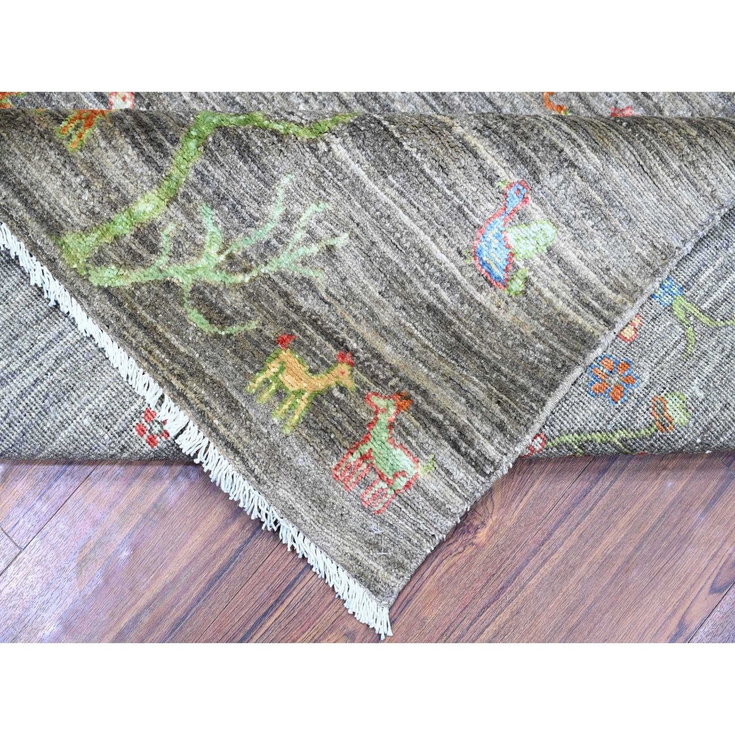 8'X9'5" Gray Folk Art Willow Cypress Tree Design Wool Hand Knotted Rug