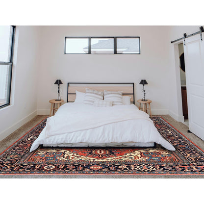 9'10"X14'3" Coral Red Seeripe Heris Design Hand Knotted Soft Wool Rug