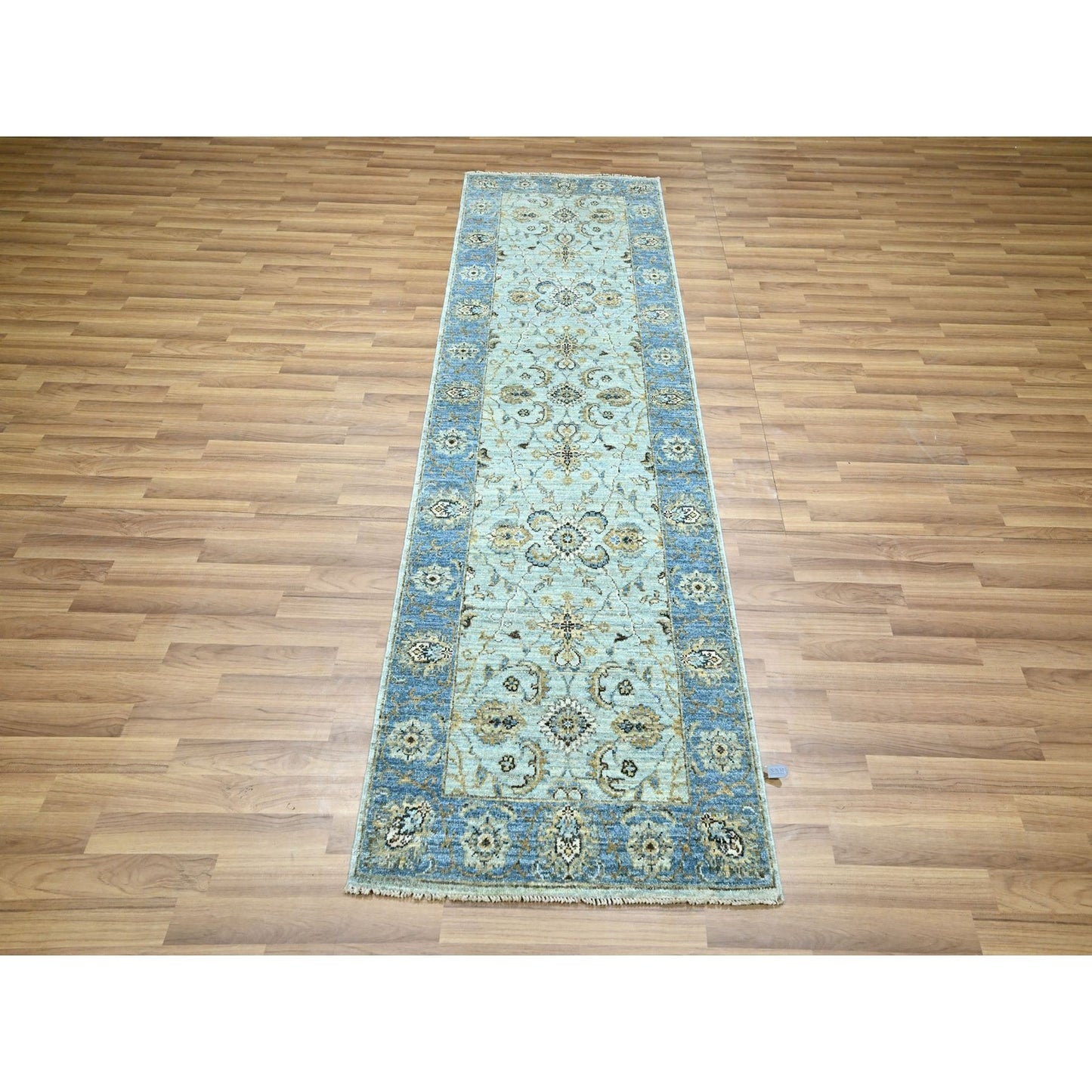 2'7"X8'1" Blue Shah Abbas Flower Design Agra Wool Hand Knotted Runner Rug