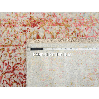 4'2"x10' Farsian Design Wool and Silk Hand Knotted Ivory Wide Runner Rug