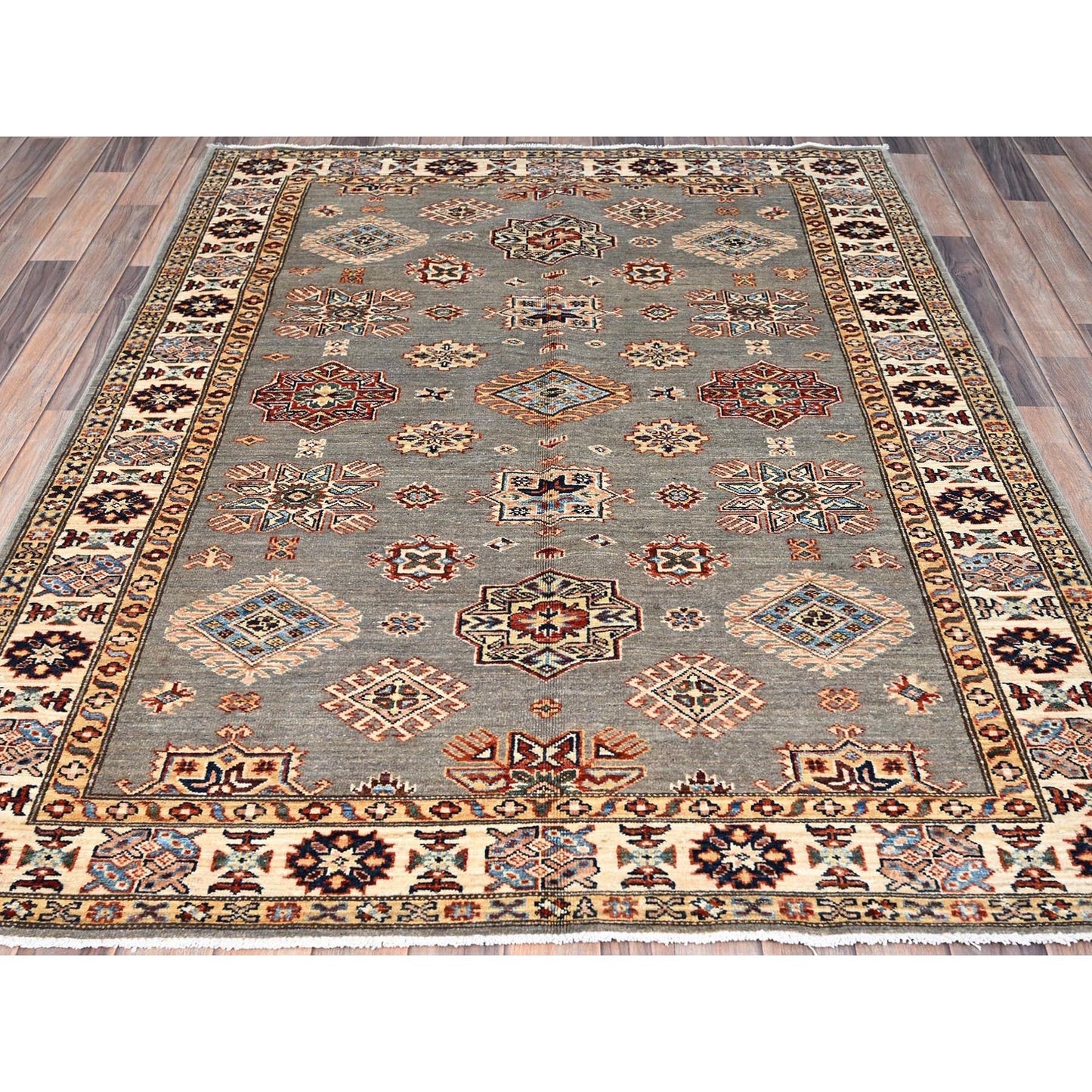 4'10"X6'6" Gray Hand Knotted Super Kazak All Over Medallions Wool Rug