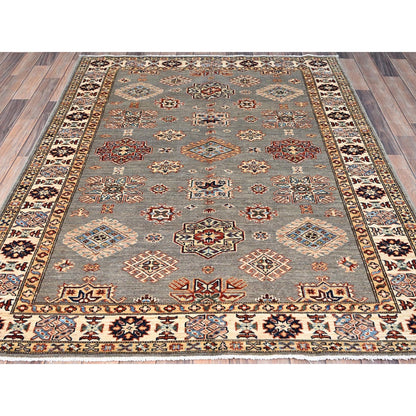 4'10"X6'6" Gray Hand Knotted Super Kazak All Over Medallions Wool Rug