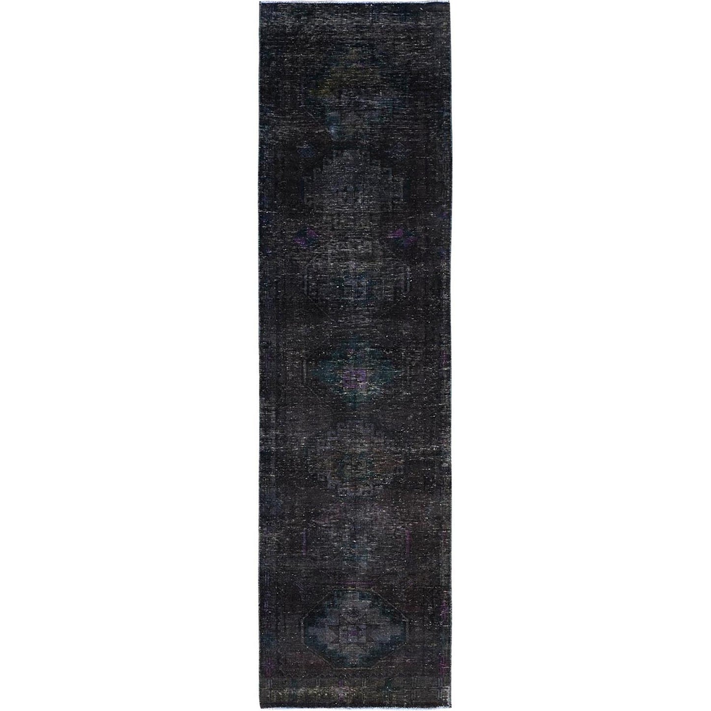 3'2"X12' Black Hand Knotted Vintage Khamadan Wide And Long Runner Rug
