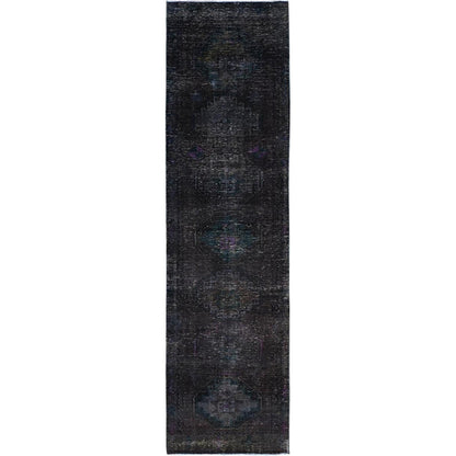 3'2"X12' Black Hand Knotted Vintage Khamadan Wide And Long Runner Rug