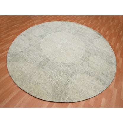 10'X10' Oyster White Jewelry Design Wool And Silk Hand Knotted Round Rug