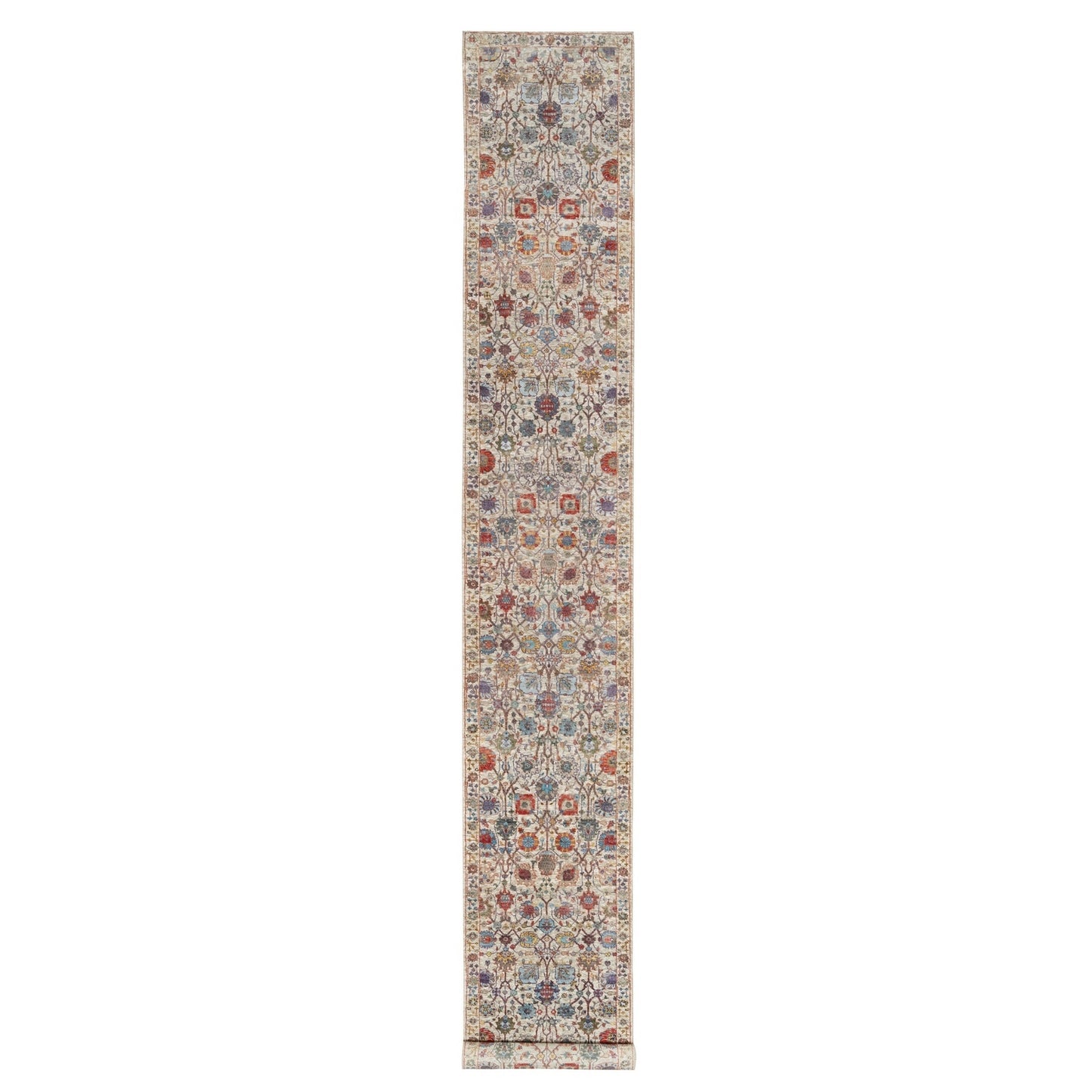 2'6"X18'4" White Tebraz Vase Hand Knotted Silk And Wool Xl Runner Rug
