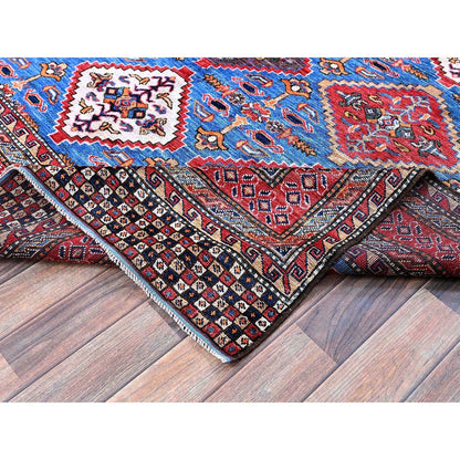 6'1"X8'6" Blue Afghan Ersari Caucasian Design Revival Hand Knotted Wool Rug