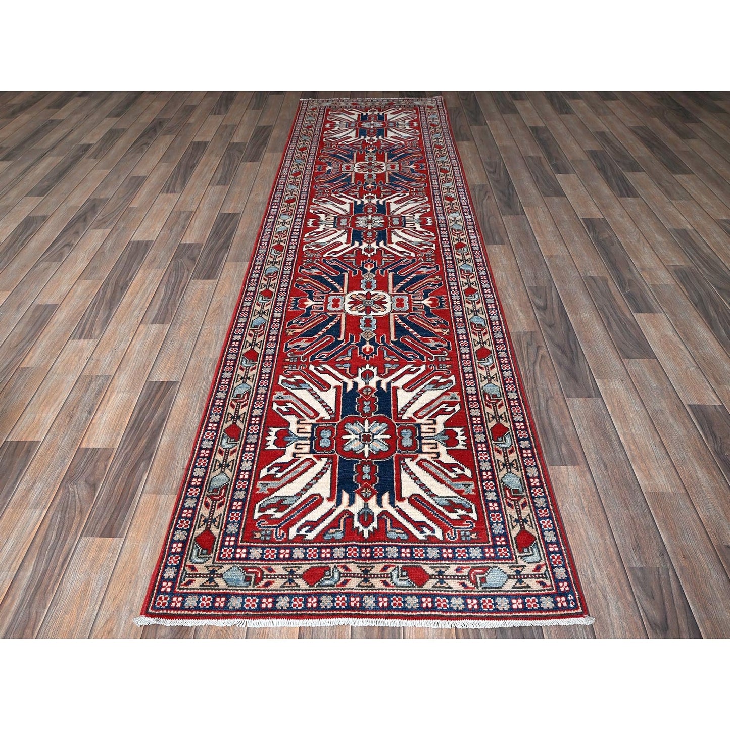 2'9"X9'10" Red Kazak With Tribal Design Soft Wool Hand Knotted Runner Rug