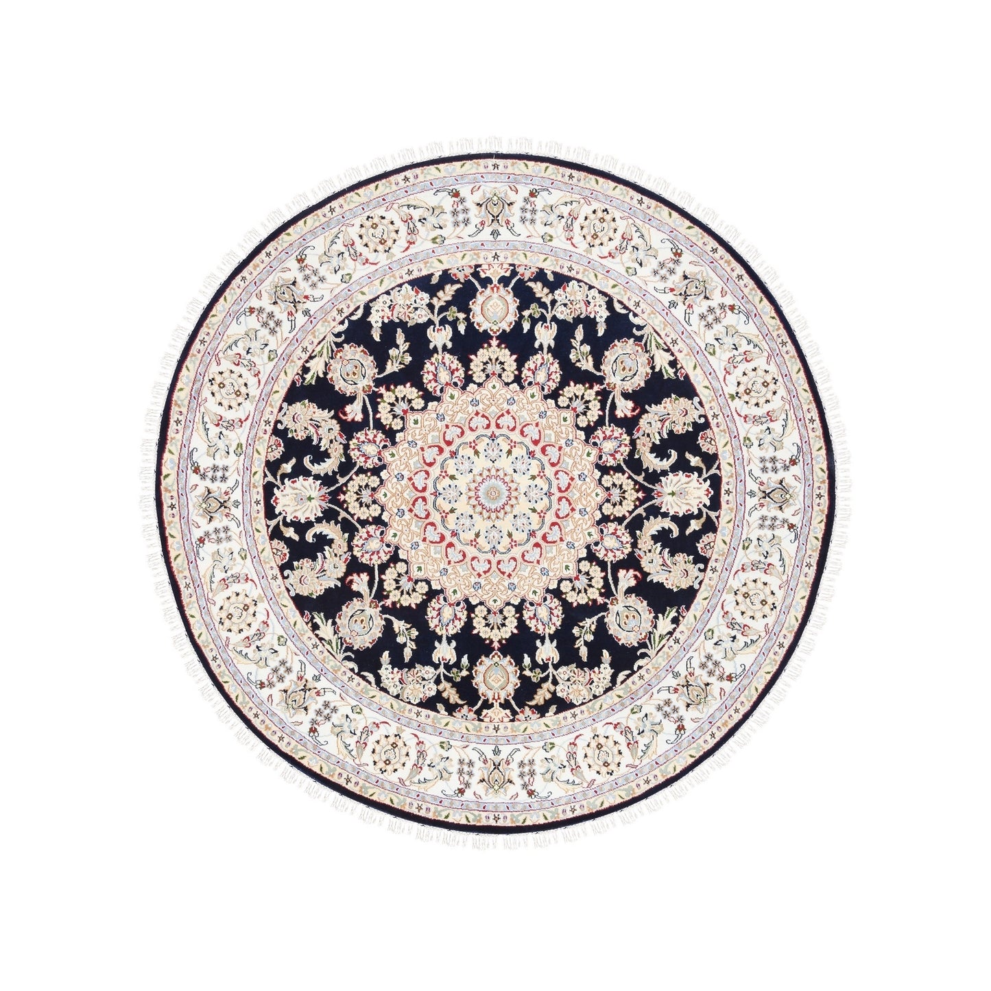 6'X6' Nain Pure Wool 250 Kpsi Navy Blue Hand Knotted Round Oriental Rug