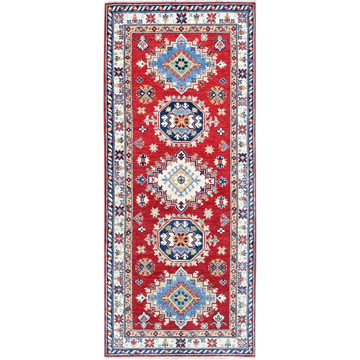 2'9"X6'7" Red Kazak With Medallions Design All Wool Hand Knotted Runner Rug