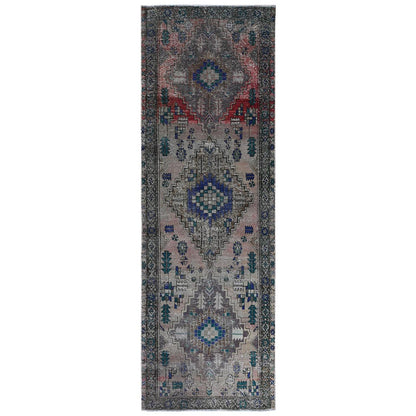 3'8"X11'2" Farsian Amadan Gray Hand Knotted Worn Wool Runner Rug