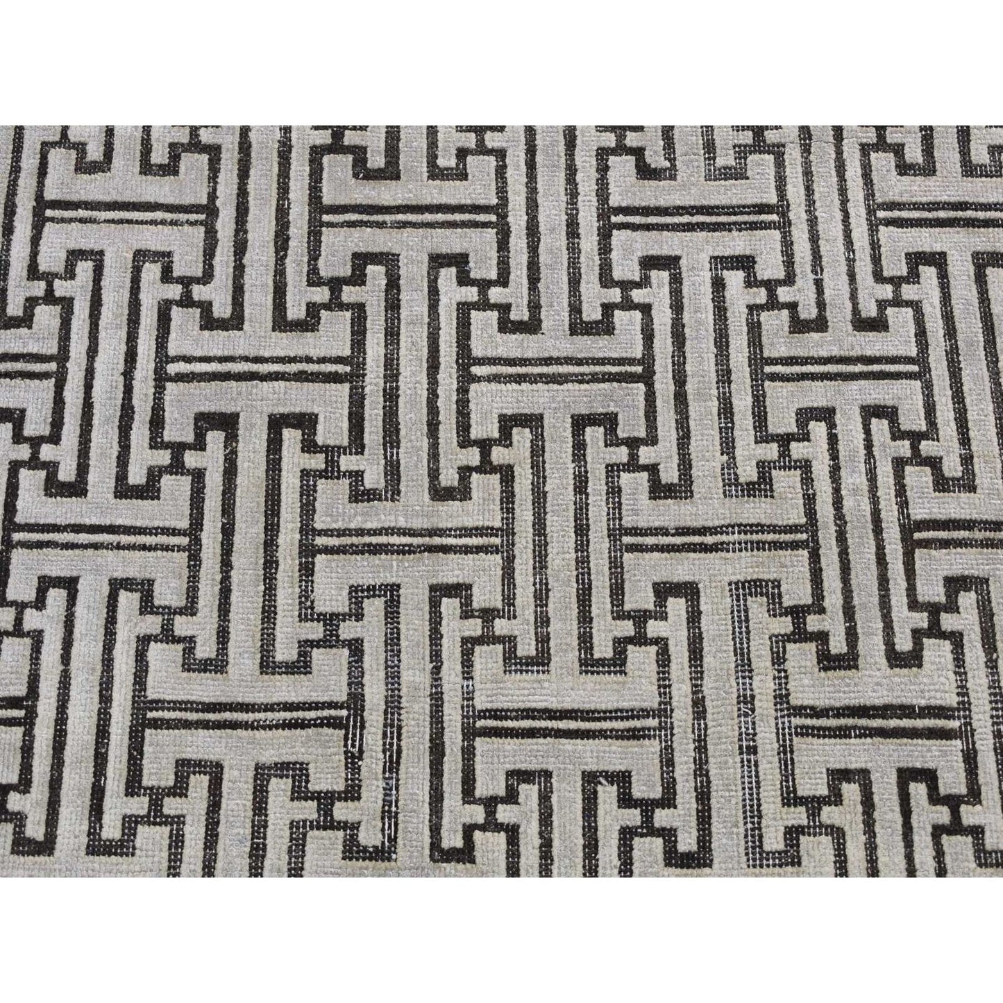 7'10"X10'3" Gray Pure Silk With Wool Roman Key Design Hand Knotted Rug