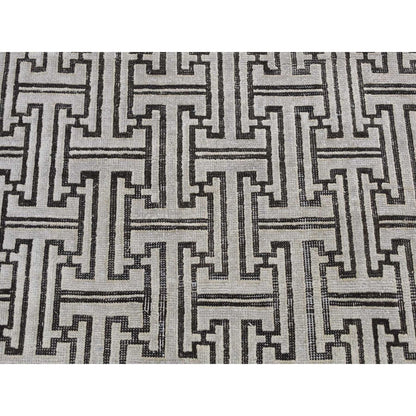7'10"X10'3" Gray Pure Silk With Wool Roman Key Design Hand Knotted Rug