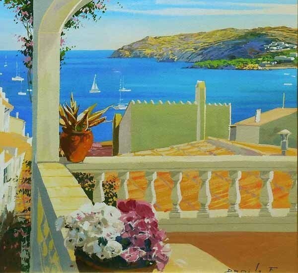 Fernandez Danilo Oil Painting Signed Mediterranean Sea View Balcony