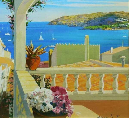 Fernandez Danilo Oil Painting Signed Mediterranean Sea View Balcony