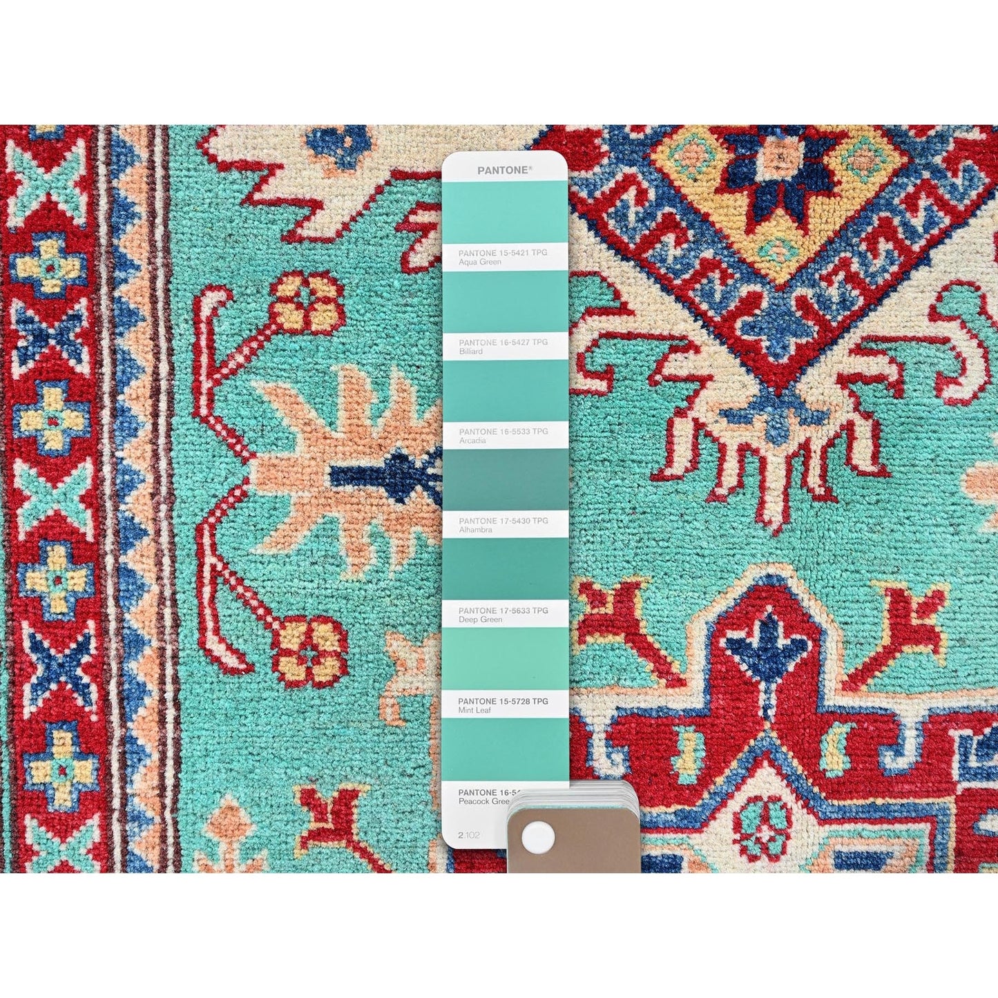 4'X5'10" Green Kazak With Tribal Medallions Design Wool Hand Knotted Rug