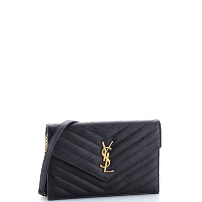 Saint Laurent Classic Monogram Wallet On Chain Matelasse Chevron Leather Small