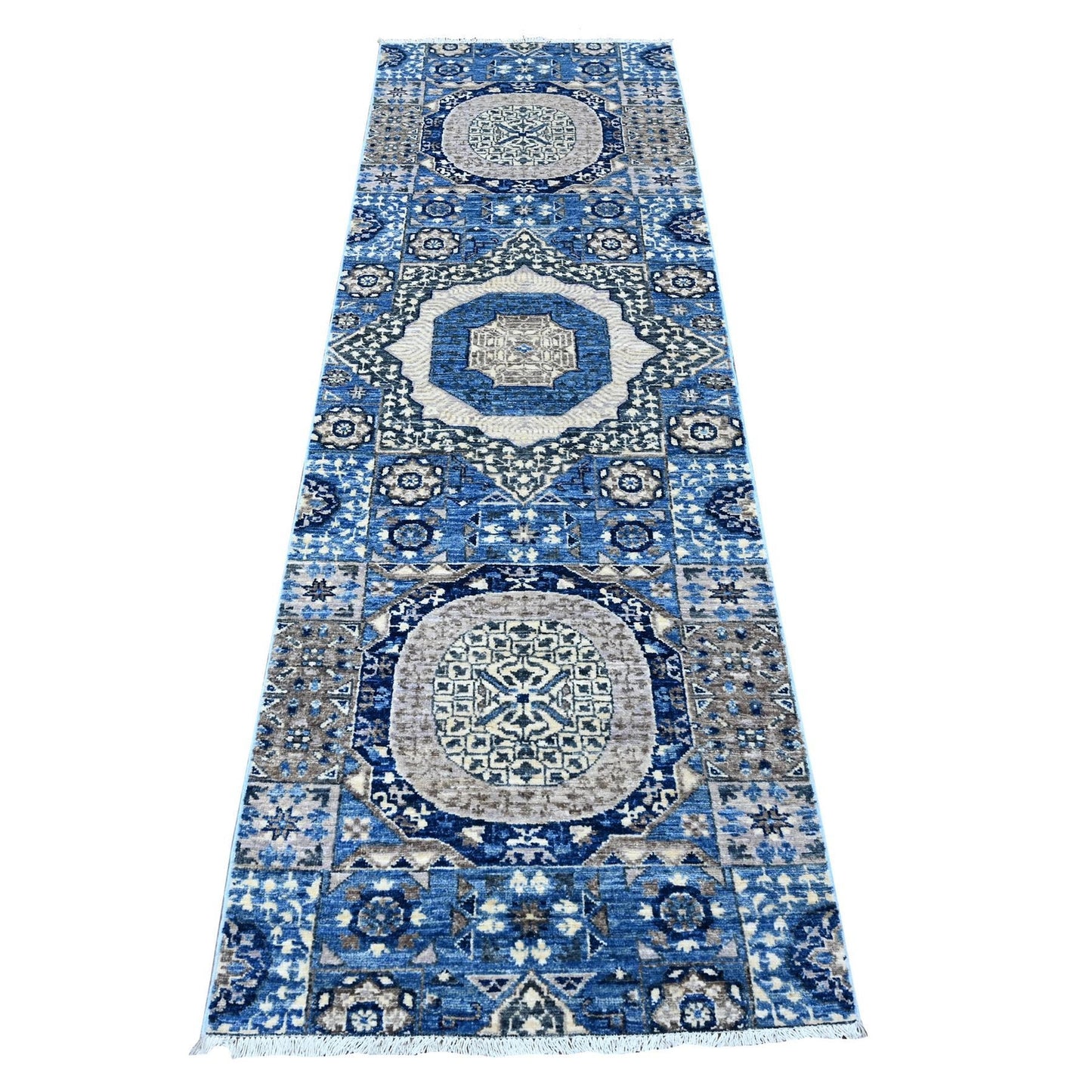 2'6"X8' Duke Blue Aryana Mamluk Design Hand Knotted Soft Wool Runner Rug