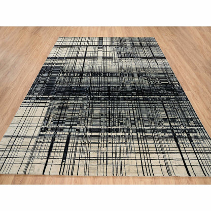 8'2"X9'9" Black Modern Lines Design Ghazni Wool Hand Knotted Rug