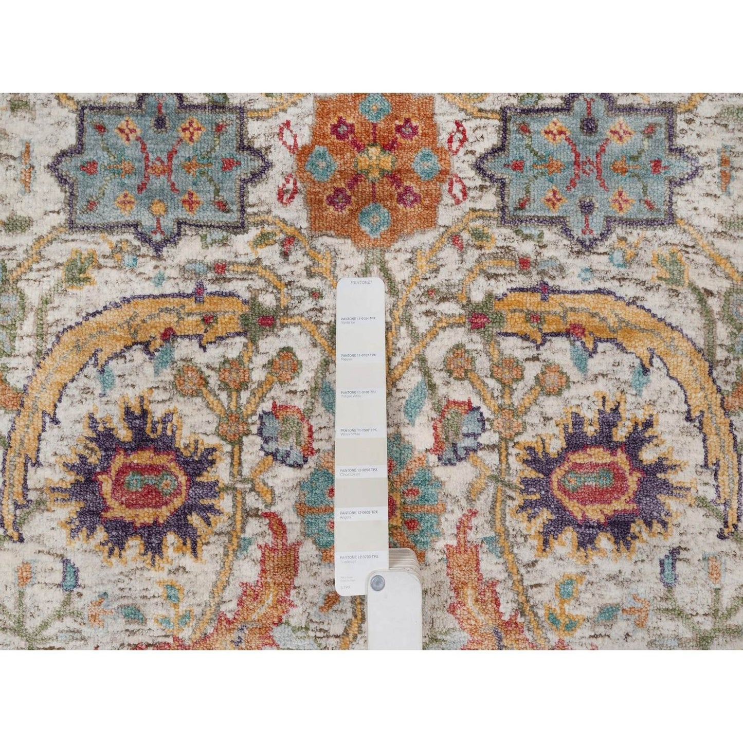 2'7"X10' Ivory Sickle Leaf Design Runner Rug Hand Knotted Silk With Wool
