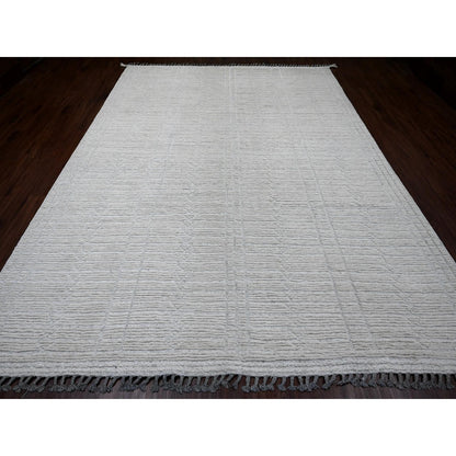 8'10"X12'2" White Moroccan Weave Line Design Hand Knotted Soft Wool Rug