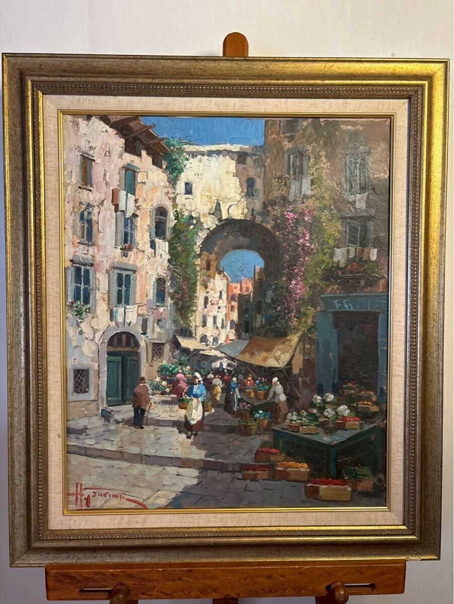 Italian Market Street Oil Painting Signed Framed Antonio Gravina Large