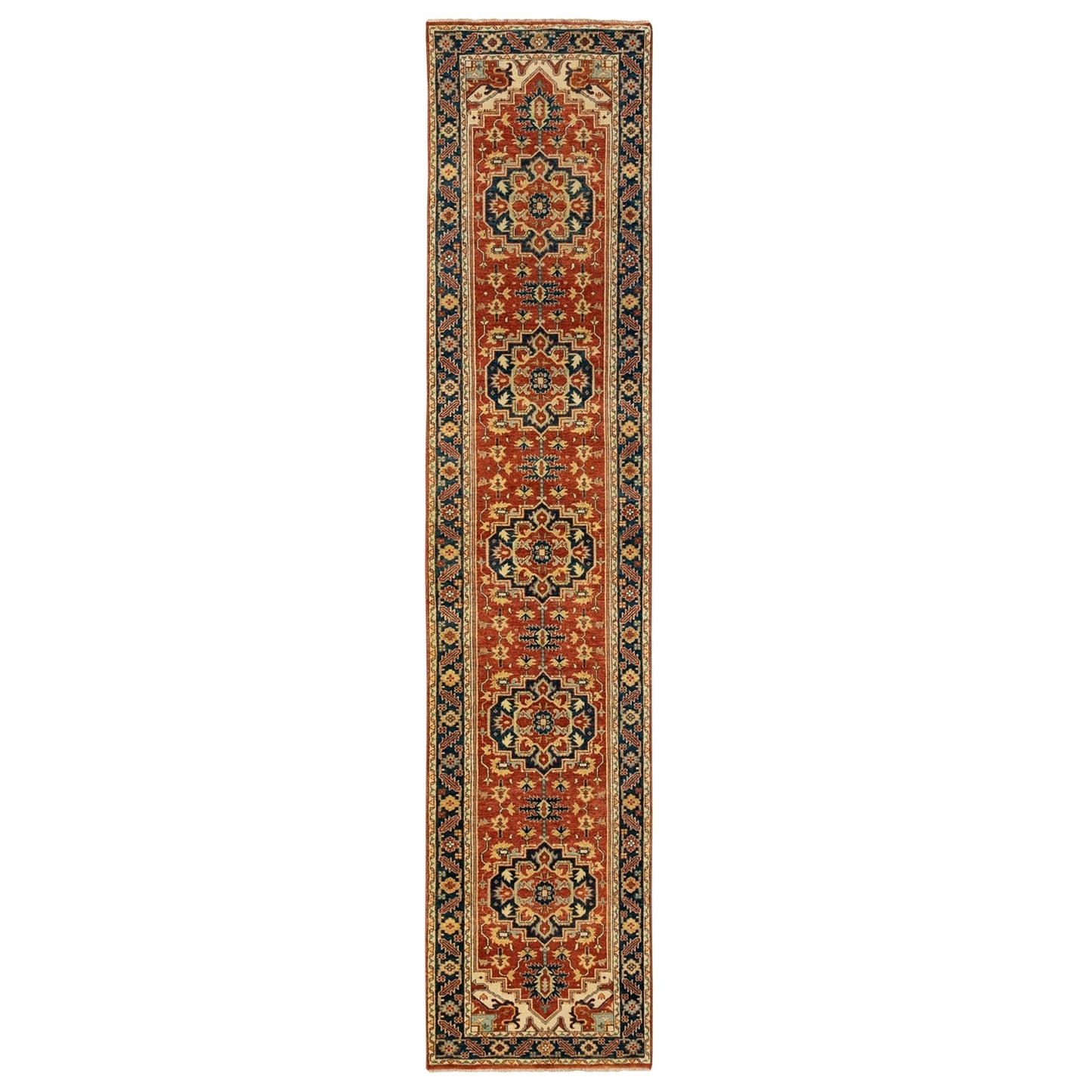 2'6"X12'2" Organic Wool Red Antiqued Heris Re-Creation Hand Knotted Rug