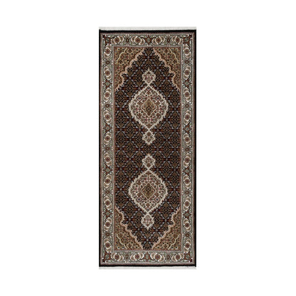 2'7"X6'3" Black Hand Knotted Tebraz Mahi Fish Design Pure Wool Runner Rug